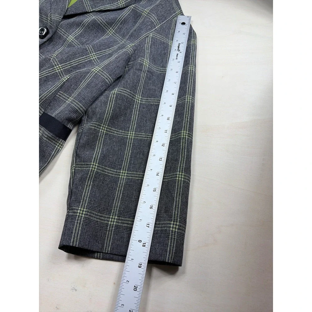 Vintage Grey Lime Green Plaid Skirt Suit Set Blazer Bow Detail 2 Piece Office